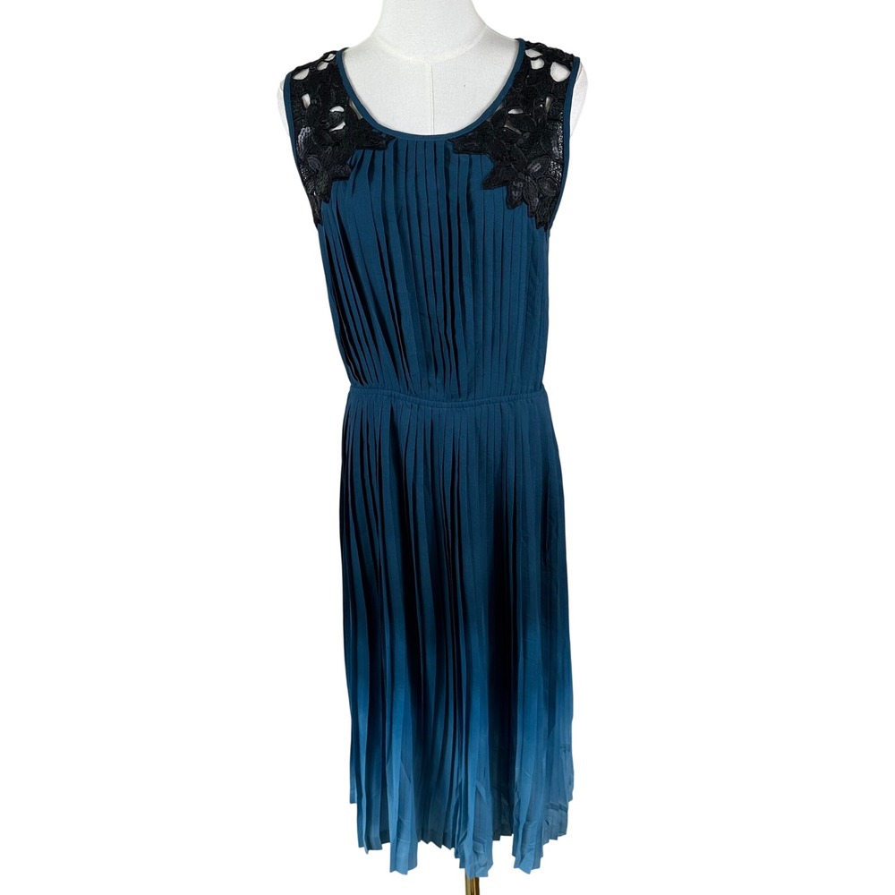 Baraschi Pleated Midi Dress M Blue Sequin Lace Trim Side Slit Cocktail Modified